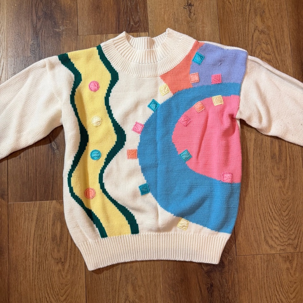 Vintage Korean Sweater Vintage Geometric Cream Mock Neck Knit Sweater 80’s 90’s - Picture 4 of 16